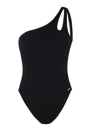 Maillot de bain noir asymétrique avec une finition texturée, mettant en avant un détail découpé et un accent subtil en or. Coupe haute.