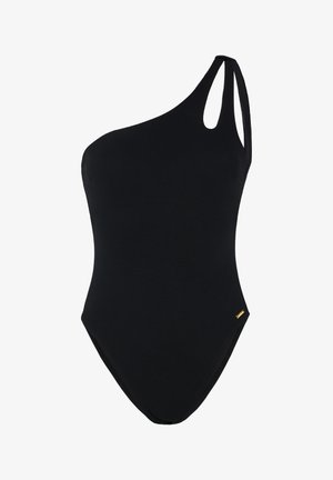 Schwarzer Ein-Schulter-Badeanzug mit texturiertem Finish, ausgestattet mit einem Ausschnitt und subtilen goldenen Akzenten. Hoher Beinausschnitt.
