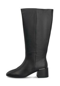 Bota de cuero negro hasta la rodilla con punta afilada y tacón cuadrado, con un acento metálico. Textura suave con detalle de costura mínima.