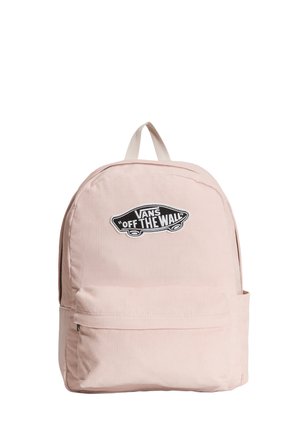 Pink corduroy backpack with a front zip pocket, featuring a black and white Vans logo. Tan fabric handle on top for carrying.