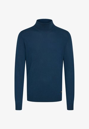 Námořnický modrý rolák vyrobený z pleteného materiálu, s přiléhavým střihem, dlouhými rukávy a ribbenkovou texturou u límce a lemu.