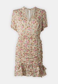 Robe fleurie en tissu crème avec des fleurs roses et bleues, manches courtes, un design froncé et un ourlet volé. Fermeture par un dos en forme de trou de serrure.