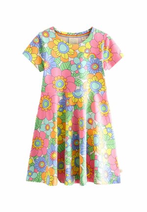 Sukienka z krótkim rękawem w kolorowy kwiatowy wzór w odcieniach różu, pomarańczy, żółci i niebieskiego, wykonana z miękkiej tkaniny, z rozkloszowaną spódnicą.