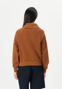 Brown pullover with a wide collar, ribbed cuffs, and waistband. Soft texture, relaxed fit, paired with dark shorts. Back view displayed.