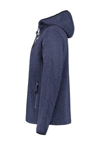 Marineblå fleecejacka med huva, strukturerad tyg, framficka med dragkedja och justerbar snodd. Har svart kant på ärmslut och fåll.