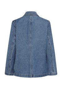 Veste en jean, bleu moyen, col classique, manches longues, coupe droite, coutures visibles et dos simple sans ornement.