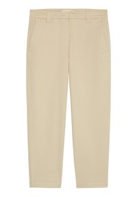 Pantaloni beige a gamba dritta con tasche laterali, passanti per cintura e chiusura frontale con zip.