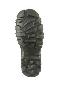 Zwarte rubberen schoenenzool met opvallende profielnaden, textuurpatronen, maatmarkeringen (42 en 43) en opdruk "MADE IN POLAND".