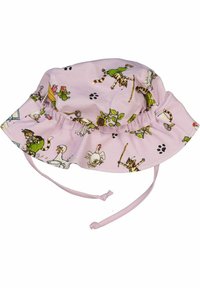 Bucket-hatt i rosa tyg med färgglada djurillustrationer. Inkluderar en bred skärm och justerbara hakremmar.