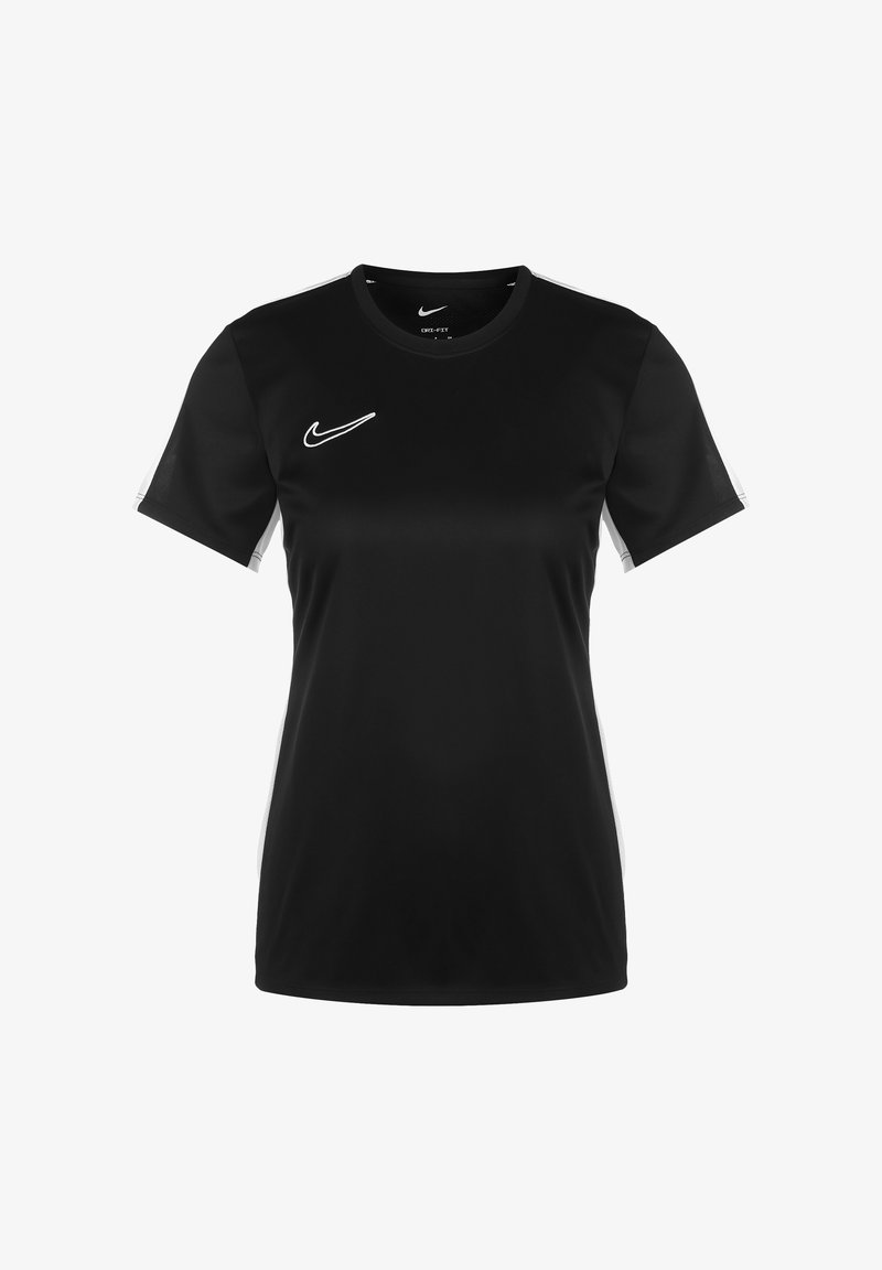 Black Nike t-shirt with short sleeves, round neck, and contrasting white accents on the sides. Features the Nike logo in white on the chest.