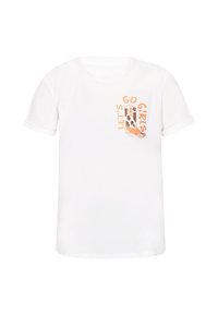 Valkoinen puuvillainen t-paita lyhyillä hihoilla ja pyöreällä kaula-aukolla. Paidassa on graafinen printti cowboy-kengistä ja teksti "LET'S GO GIRLS" oranssilla.