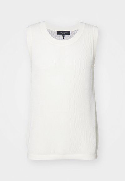 Weißes ärmelloses Top aus strukturiertem Strickmaterial. Mit einem runden Halsausschnitt und einer lockeren Passform sowie einem geraden Saum. Markenlabel im Inneren sichtbar.
