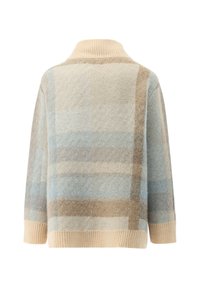 Leichter Strickpullover in sanften Beige- und Blautönen. Verfügt über einen breiten Kragen, eine lockere Passform und ein Karomuster auf dem Stoff.