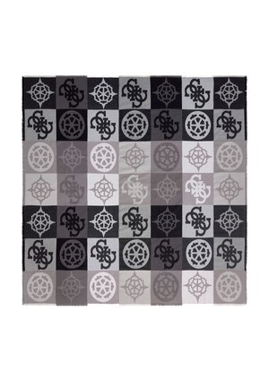 Tappeto tessuto con un motivo geometrico in tonalità di nero, grigio e bianco, con disegni a contrasto di cerchi e simboli in ogni quadrato.