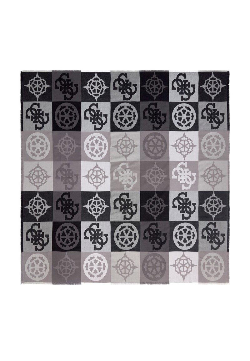 Tappeto tessuto con un motivo geometrico in tonalità di nero, grigio e bianco, con disegni a contrasto di cerchi e simboli in ogni quadrato.