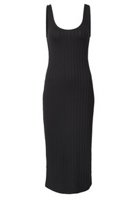 Zwart geribd gebreid midi-jurk met een ronde hals en een aansluitende silhouette, voorzien van verticale strepen voor textuur en contouren.