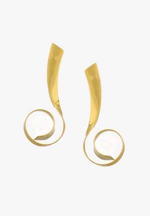 Zakładane złote kolczyki metalowe o zakrzywionym kształcie, z gładką, wydłużoną górną częścią spiralnie zwijającą się w otwartą, okrągłą pętlę u dołu.