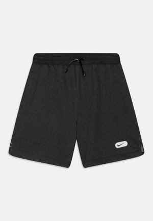 Grijze sportieve shorts van zacht materiaal, met een elastische tailleband en een trekkoord, en een wit Nike-logo aan de linkeronderzijde.