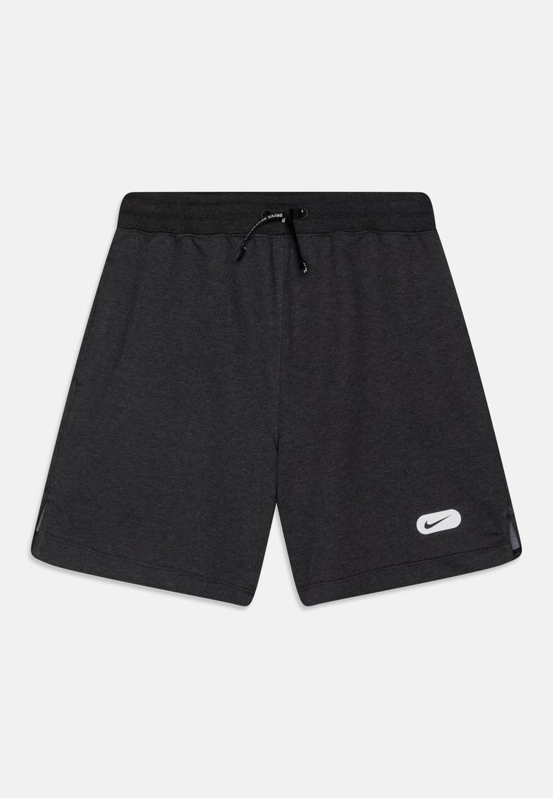 Grijze sportieve shorts van zacht materiaal, met een elastische tailleband en een trekkoord, en een wit Nike-logo aan de linkeronderzijde.