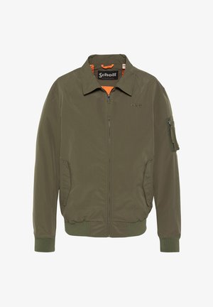 Veste bomber vert olive avec fermeture éclair à l'avant, deux poches main, poche zippée sur la manche, poignets et ourlet côtelés, et doublure intérieure orange.