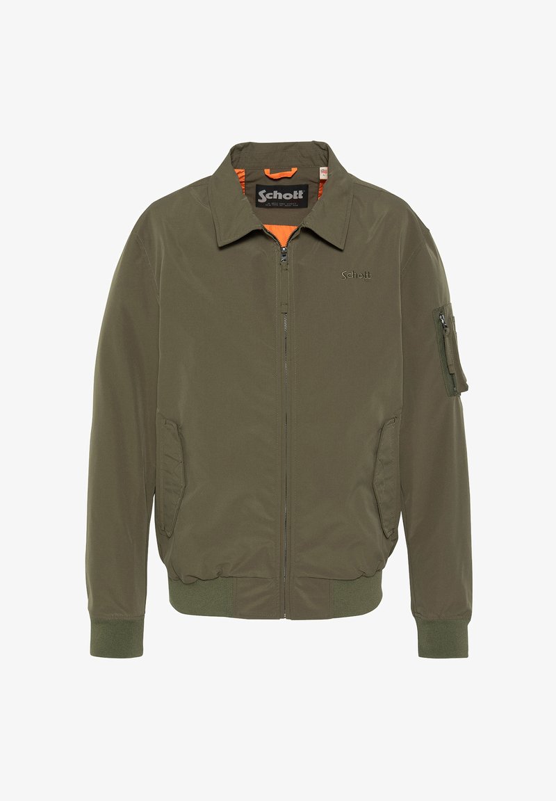 Veste bomber vert olive avec fermeture éclair à l'avant, deux poches main, poche zippée sur la manche, poignets et ourlet côtelés, et doublure intérieure orange.