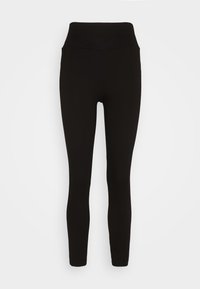 Black leggings featuring a high waistband, made from stretch fabric with a smooth texture and form-fitting design, suitable for various activities.