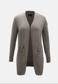 Gray long-sleeve cardigan made of soft knit material, featuring a deep V-neck, two front pockets, and ribbed cuffs and hem.