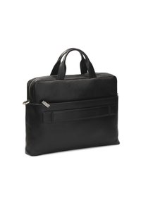 Crna kožna torba za laptop s dvostrukim ručkama, zatvaranjem na zip, prednjim džepom i glatkom teksturom. Pravokutnog je oblika s minimalnim detaljima.