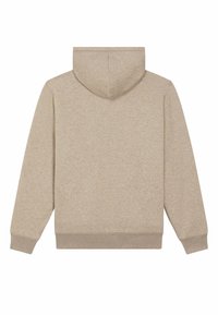 Hoodie beige avec une capuche à cordon, des manches longues et un ourlet côtelé. Fabriqué en tissu doux avec une texture lisse et un design minimal.