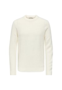 Maglione bianco dalla trama con scollo rotondo e maniche lunghe. Polsini e orlo a costine, con un motivo sottile per un tocco di dettaglio in più.