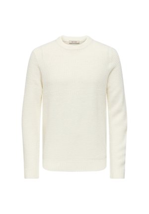 Maglione bianco dalla trama con scollo rotondo e maniche lunghe. Polsini e orlo a costine, con un motivo sottile per un tocco di dettaglio in più.