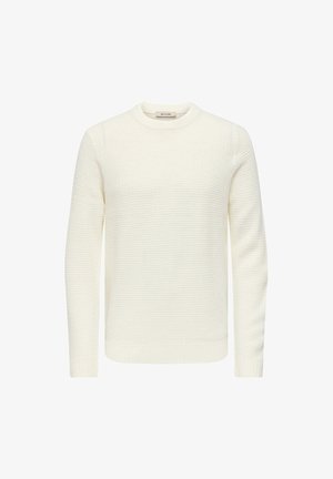 Maglione bianco dalla trama con scollo rotondo e maniche lunghe. Polsini e orlo a costine, con un motivo sottile per un tocco di dettaglio in più.