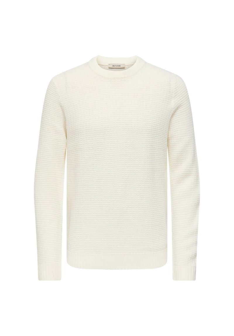 Maglione bianco dalla trama con scollo rotondo e maniche lunghe. Polsini e orlo a costine, con un motivo sottile per un tocco di dettaglio in più.