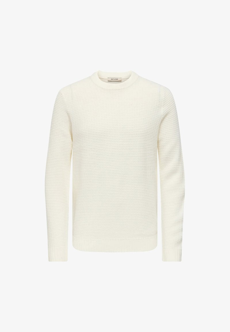 Maglione bianco dalla trama con scollo rotondo e maniche lunghe. Polsini e orlo a costine, con un motivo sottile per un tocco di dettaglio in più.