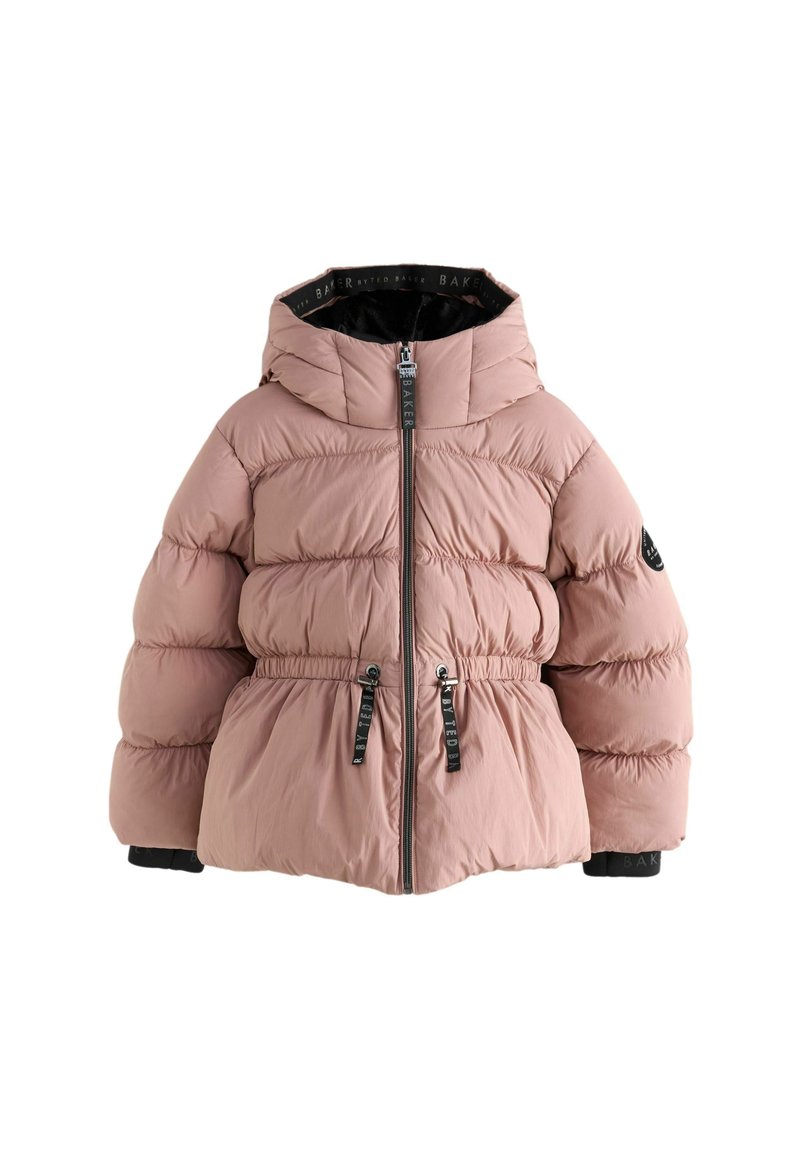 Giacca invernale rosa imbottita con cappuccio, zip frontale, cordini in vita regolabili e patch logo nero sulla manica sinistra.