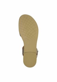 Soletta di sandali marrone chiaro con un motivo di grip testurizzato, supporto dell'arco prominente e chiara indicazione della taglia (37). Design piatto con dettagli minimi.