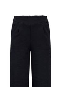 Schwarze Hose mit elastischem Bund, ausgestattet mit vorne gelegten Falten und einer lockeren Passform. Glattes Material ohne sichtbare Muster oder Akzente.