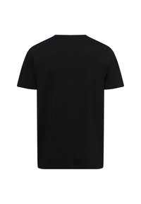 Prosty czarny T-shirt z krótkim rękawem wyświetlany z tyłu, z okrągłym dekoltem i bez widocznych wzorów czy logo.