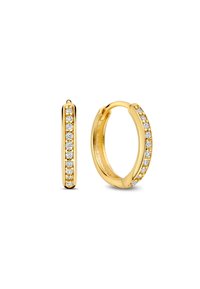 Gold hoop earrings with a smooth finish, featuring a row of small, sparkling clear stones along the outer edge.