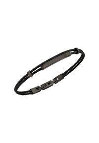 Černý pletený náramek s hladkým, obdélníkovým kovovým zapínáním se třemi odlišnými černými akcenty. Odolný materiál s texturovaným povrchem.