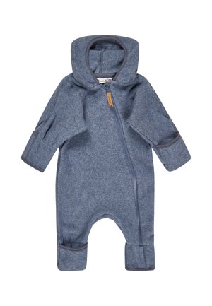 Blauer weicher Fleece-Babyanzug mit Kapuze, langen Ärmeln und diagonaler Reißverschlussöffnung, entworfen für Wärme und Komfort.