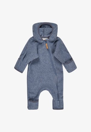 Blauer weicher Fleece-Babyanzug mit Kapuze, langen Ärmeln und diagonaler Reißverschlussöffnung, entworfen für Wärme und Komfort.