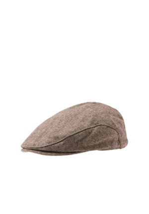 Brown herringbone flat cap with a short, stiff brim and rounded top, displayed against a white background.