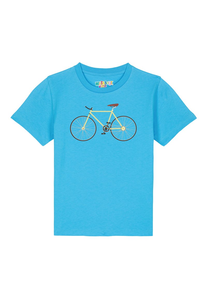 T-shirt léger bleu clair à manches courtes, présentant une illustration de bicyclette jaune avec un siège marron, entourée d'un contour noir. Texture en coton lisse.