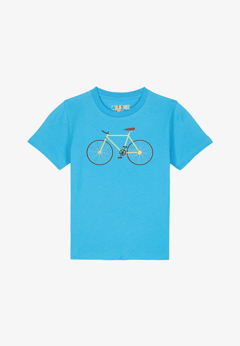 Helles blaues T-Shirt mit kurzen Ärmeln, das eine gelbe Fahrradillustration mit einem braunen Sattel hat, umrandet in Schwarz. Glatte Baumwolltextur.