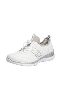 Sneaker bianco in pelle con design texture, lacci elastici e dettagli grigi. Punta arrotondata e suola ammortizzata per il comfort.