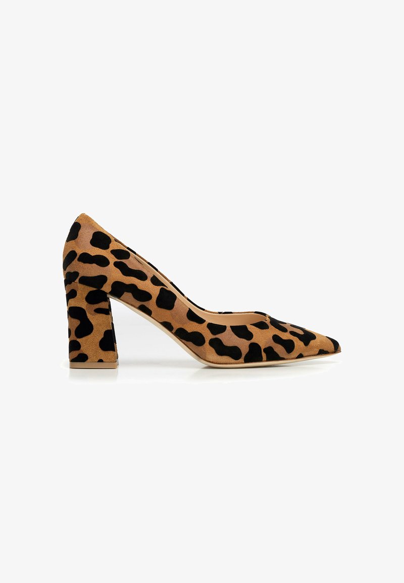 Paire de sabot à talon haut en imprimé léopard avec un bout pointu et un talon épais. Fabriquée en daim avec une texture lisse et un intérieur beige.