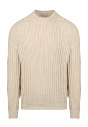 Cremefarbener gerippter Strickpullover mit Rundhalsausschnitt, langen Ärmeln und einem strukturierten Muster. Material aus einem Bio-Baumwollgemisch für ein weiches Tragegefühl.