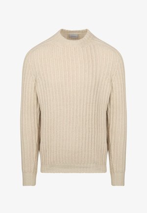 Cremefarbener gerippter Strickpullover mit Rundhalsausschnitt, langen Ärmeln und einem strukturierten Muster. Material aus einem Bio-Baumwollgemisch für ein weiches Tragegefühl.