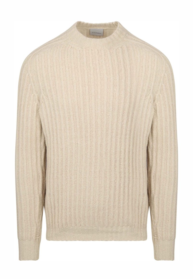 Crème kleurige geribbelde gebreide trui met een ronde hals, lange mouwen en een gestructureerd patroon. Gemaakt van een organisch katoenmix voor een zachte touch.
